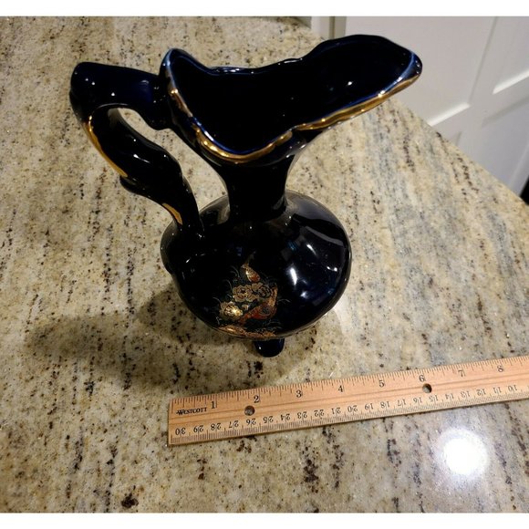 Cobalt Blue Ceramic Gold Trimmed Pitcher Peacock Design 7.5" Tall - Picture 12 of 12